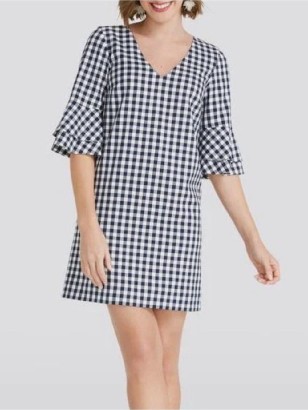 Draper James Navy Blue White Gingham Plaid Bell Sleeve Mini Dress Womens Size 2
